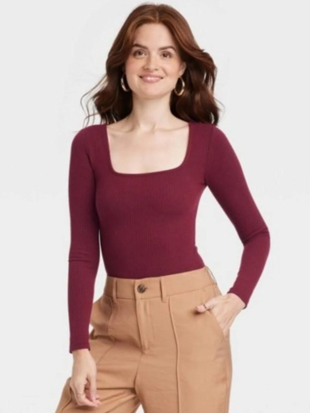 A New Day Ribbed Square Neck Bodysuit Burgundy M